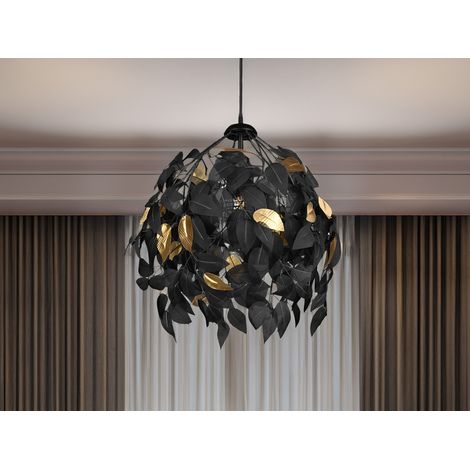 Pendelleuchte LEAVY mit Blätter Lampenschirm in Schwarz Gold, Ø 38cm (1/5)