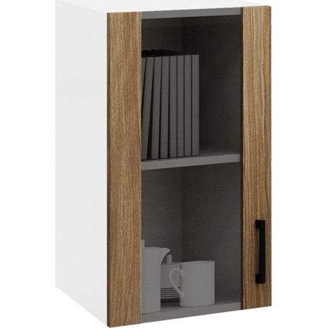 Vetrina pensile per cucina 40 cm 1 anta noce naturale e struttura colore bianco (1/3)
