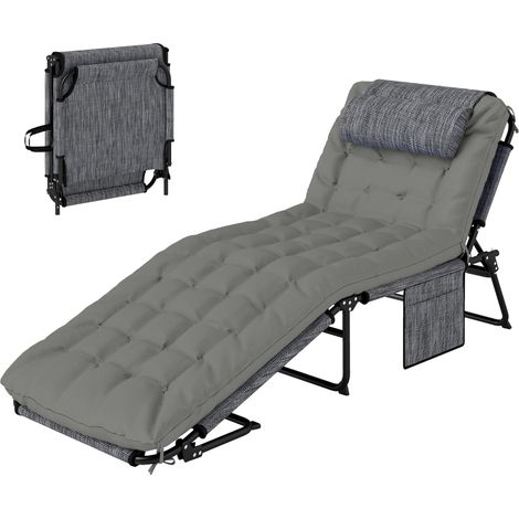 Bain de soleil gris dossier réglable 4 positions coussin poche latérale appui-tête 68 x 189 x 30 cm (1/5)