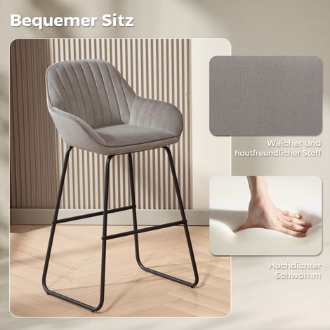 Lot de 2 tabourets de bar, assis rembourrés en tissu et mousse, piètement métallique, gris (1/4)
