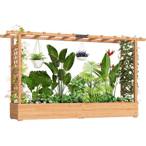 Jardinière Surélevée en Bois Naturel avec Treillis et Arche Bac à Fleurs Drainage Brise-Vue pour Jardin Terrasse 200x44x113.5cm (1/5)