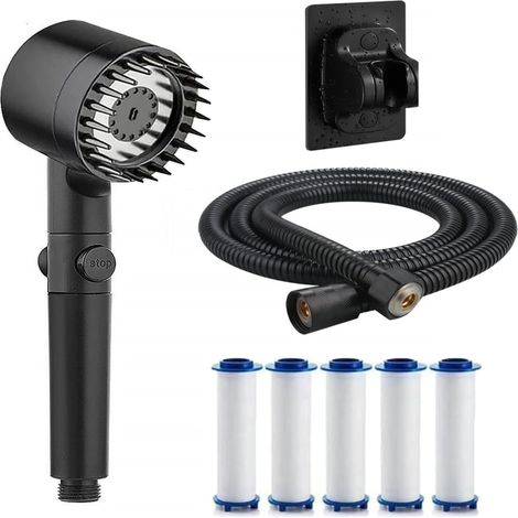 Conjunto de ducha de mano multifuncional con filtro negro (incluye una manguera de acero inoxidable de 1,5 m de longitud, 5 elementos filtrantes y una base no porosa, con cuatro velocidades). (1/5)