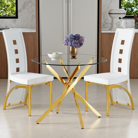Conjunto de mesa y 2 sillas de comedor (88x88x75 cm), vidrio templado, respaldo perforado, metal, transparente, blanco y dorado (1/5)