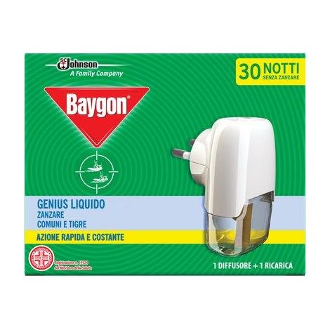 ELETTROEMANATORE LIQUIDO GENIUS BAYGON - + RICARICA LIQUIDA DURATA NOTTI 30- 12 pezzi