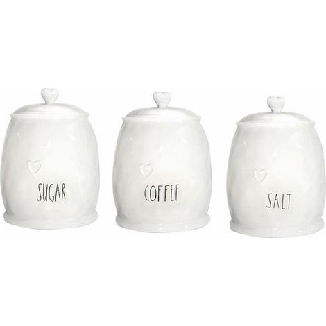 Tris barattoli bianco decoro cuore contenitori porta sale zucchero caffè spezie per casa cucina in ceramica moderno (1/5)