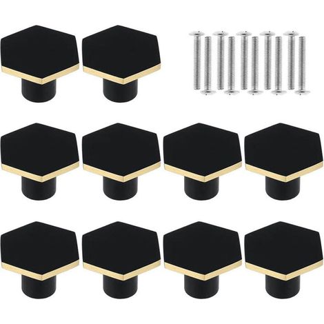 Lot de 10 Poignées de tiroir, Design hexagonal, Finition noire mate, Pour placards et commodes (1/5)