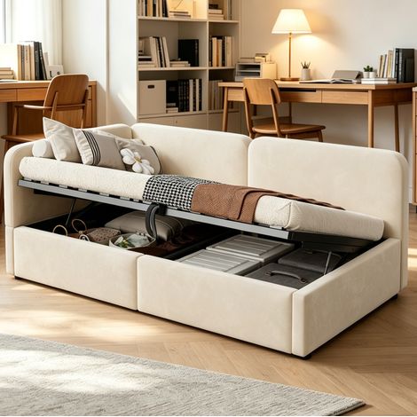Einzelbett 90x200 cm Beige mit hydraulischem Stauraum, Samtstoff, ohne Matratze MEUBLIV (1/5)