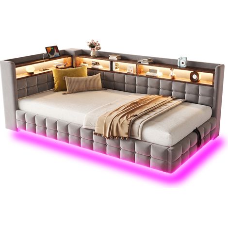 CHICFURN Canapé lit 90 x 200 cm en velours gris clair avec coffre hydraulique, étagères en bois, LED multicolore, prise secteur, USB et USB-C pour chambre et petit espace (1/5)