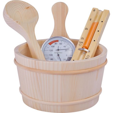 Harvia Saunazubehör Set BASIC 5-teilig Saunakübel Holzkelle Sanduhr Thermohygrometer