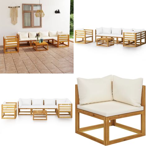Set Divani da Giardino 7 pz con Cuscini Crema Massello Acacia - Divano in legno - Cuscini da giardino