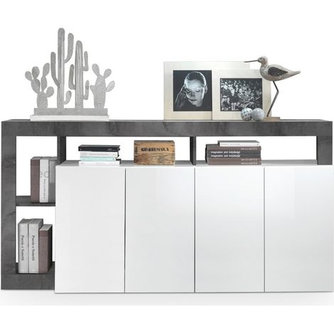 Vente-Unique – Buffet moderne 4 portes noir laqué et blanc brillant – Dimensions 184x42x93 cm – Design italien fonctionnel pour salon et salle à manger (1/5)