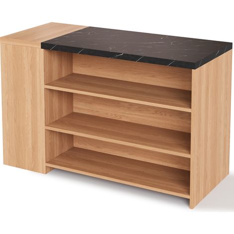 Isla de cocina, 5 niveles de almacenaje, cajón oculto, MDF negro y roble, 140 x 60 x 90 cm (1/5)