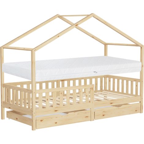 ML-Design Letto a Casetta per Bambini 90x200 cm in Legno di Pino Naturale con Materasso H16 cm, Sponde di Sicurezza e 2 Cassetti Contenitore, Lettino Montessori a Pavimento, Giroletto Cameretta