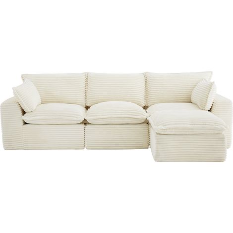 Canapé d'angle modulable compressé avec pouf en velours côtelé grosses côtes beige CYROMA (1/4)