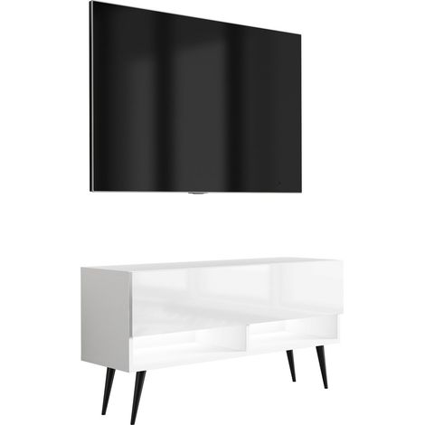 Meuble TV : Blanc Mat / Blanc Brillant, pieds obliques noirs, LED blanche, 100 × 32 × 52 cm (1/5)