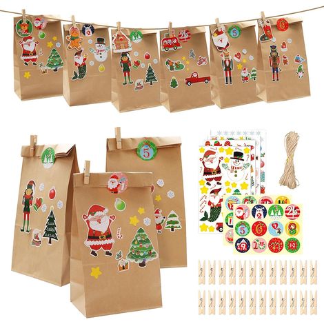 24 Pcs Sac en Papier Kraft,Pochette Cadeau,Sachet Bonbons Anniversaire,Sachet Papier Kraft,Sacs à Sandwich pour Bonbons et Cadeaux avec Stickers,Pinces en Bois et Corde en Jute(24×13×8cm) (1/5)