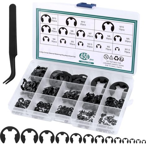 450pcs Internal E-Clips Circlips, E-Clips Retaining Ring, External Snap Kit, External Retaining Ring Snap for Fixing Bearing Gear Pulleys, with Box, 13 Sizes (1/5)