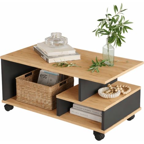 Table Basse Mobile 3 Niches Imitation Chêne et Gris L 90 H 42.5 P 51 cm (1/5)
