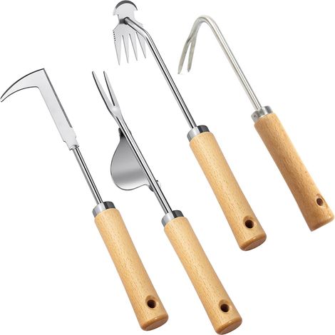 Outil de désherbage 4 pièces avec Manche en Bois, Outils de désherbage pour Le Jardin avec Bord dentelé