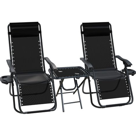 VOUNOT Set of 2 Zero Gravity Chair with Side Table, Reclining Sun Loungers with Cup & Phone Holder, Black