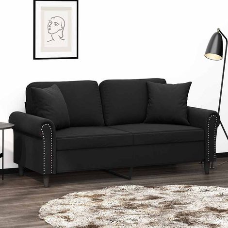Canapé 2 places en velours noir avec 2 coussins décoratifs, 172 x 77 x 80 cm - PANGIVO (1/5)