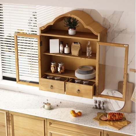 Armadio pensile 60x22x76,5 cm in legno e vetro naturale con cassetti per cucina - MEUBLIV (1/5)
