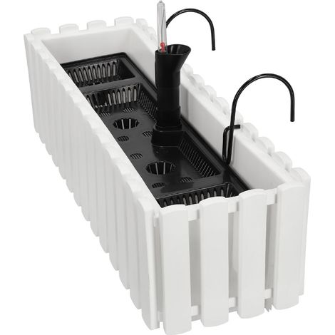 Maceta para balcón o terraza con sistema de riego y ganchos, color blanco, 60 cm.