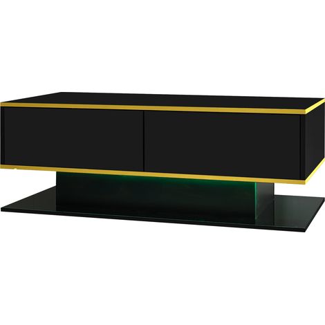 Mesa de centro LED negra, 100 x 50 x 40 cm, 3 cajones, tira multicolor y detalles dorados (1/5)