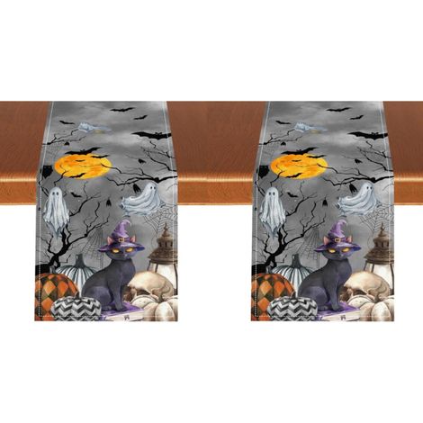 Camino de mesa de Halloween, gato negro, calabaza gótica, murciélago, calavera de bruja, decoración de cocina, 33 x 183 cm (2 piezas) (1/4)