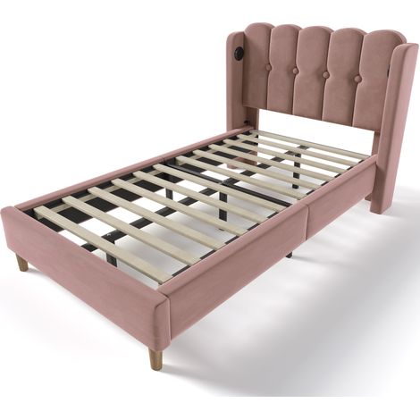 Cama individual tapizada 90 x 200 cm de terciopelo rosa con carga USB Type C y somier (1/5)