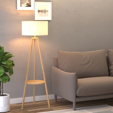 Lampada a pavimento avec étagère, abat-jour en lin, interrupteur au pied, économique, hauteur 154 cm, bois, 50x50x154 cm (1/5)