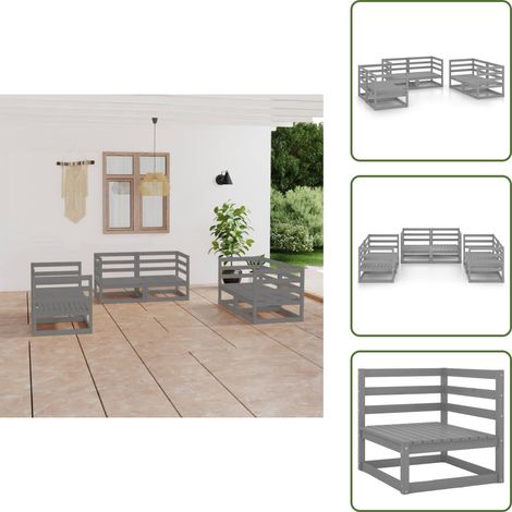 6-tlg. Garten-Lounge-Set Grau Massivholz Kiefer - Gartensitzgruppe - Loungesessel - Gartenmöbel Set - Rattan Möbel - Holz Gartenmöbel (1/5)
