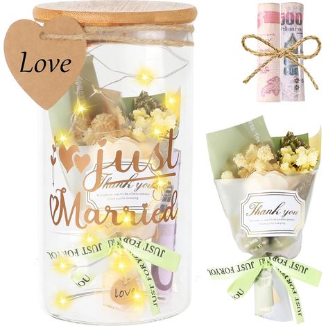 Bouteille Lumineuse LED avec Fleurs Séchées, Tirelire de Mariage et Emballage Cadeau en Argent, pour Couple de mariés, Design élégant et Durable pour célébrations romantiques (1/5)
