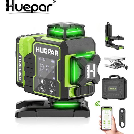 Huepar 4x360° Green Laser Level, Self-Leveling with Bluetooth, Electric Rotating Base and Large LCD Screen, 4D Level with 16 Lines for Construction Work