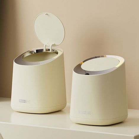 Mini poubelle de comptoir, petite corbeille à papier en plastique avec couvercle à pression, idéale pour salle de bain, chambre, salon ou coiffeuse, couleur crème blanche. (1/5)