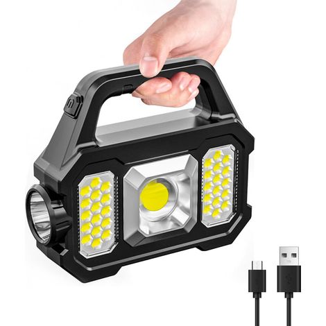 Lampe torche solaire rechargeable, 1000 lumens, 6 modes, étanche, idéale pour le camping, la pêche et les pannes de courant.