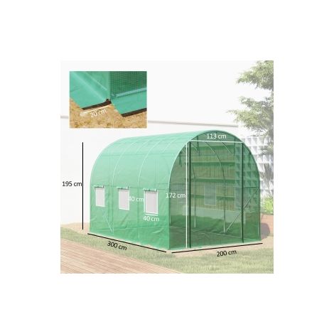 Serre tunnel verte 3 x 2 x 2 m en film UV avec 6 fenêtres, porte et côtés enroulables, ancres pour jardin et potager (1/5)