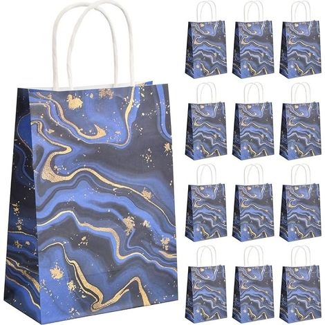 Sacs cadeaux en papier marbré avec anses – Lot de 12 pièces, bleu, idéal pour anniversaires, mariages et fêtes (1/5)