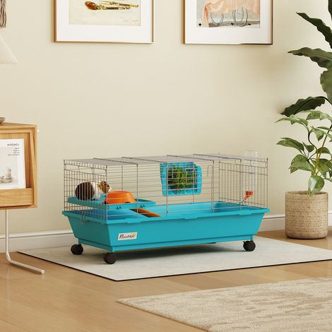 Cage pour petits animaux avec roulettes, distributeur de biberon et de foin pour lapins et cochons d'Inde, 89 x 44 x 43 cm, bleue (1/5)