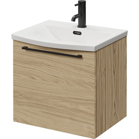 Napoli 390 Light Oak 500mm Wall Mounted Single Drawer Vanity Unit with Arc Basin - 500mm - Matt Black 320mm Handle