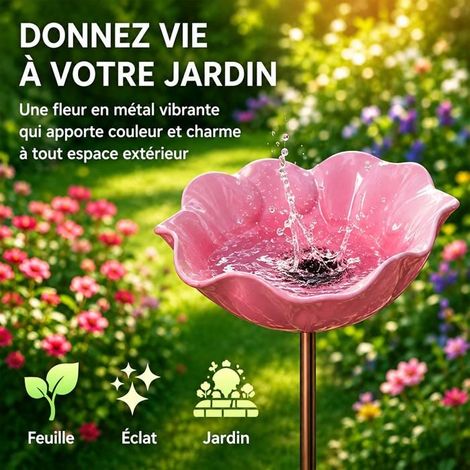 Baignoire rose pour oiseaux d'extérieur, jardinière avec support, mangeoire et abreuvoir pour oiseaux, décoration de terrasse de jardin. (1/4)