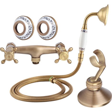 Kit douche rétro en cuivre avec pommeau de douche pulvérisateur flexible installation encastrée accessoires de salle de bain (1/5)