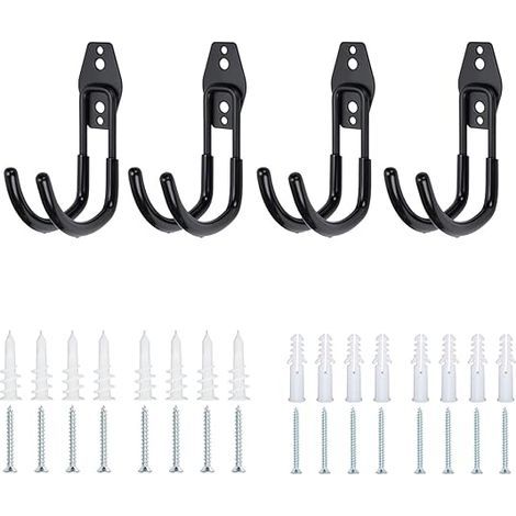 Crochets de rangement pour garage Supports muraux en fer robustes Double crochets Support pour appareil Ensemble de 4 supports de montage mural pour outils électriques, échelle de vélo, tuyau de corde (1/5)