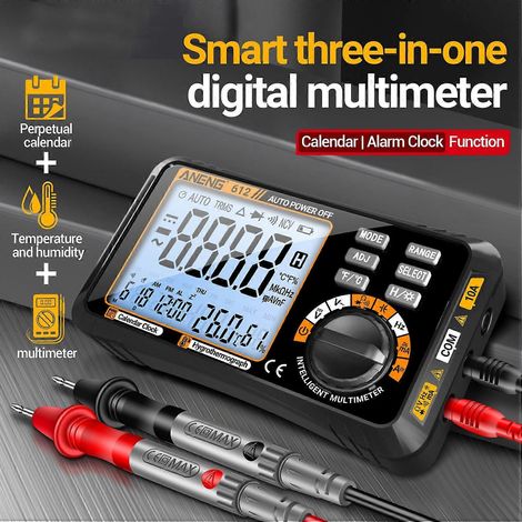 Multimètre numérique intelligent 3 en 1 ANENG 612 avec calendrier perpétuel, affichage de la température et de l'humidité, ampèremètre et voltmètre