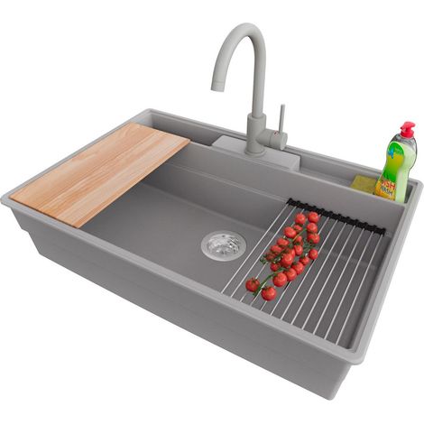 PRIMAGRAN Evier Cuisine en Granit 78x53cm,Lavabo 1 bac + Robinet 32x20cm + Kit de Vidage + Accessoires, Évier à Encastrer au meuble 80cm - New York, Gris