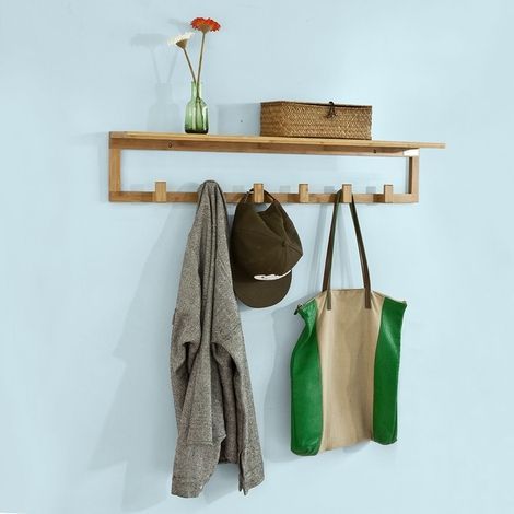 SoBuy Bamboo Wall Clothes Racks Shelf with 6 Hooks,FHK06-N