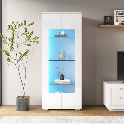 Hohe Wohnzimmer-Vitrine 70 x 40 x 173 cm Weiß MDF mit 2 Acryltüren und LED (1/5)