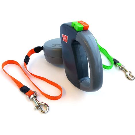 Laisse rétractable réfléchissante EA/2 pour deux chiens (jusqu'à 23 kg chacun, longueur 3 mètres). Double verrouillage, petite taille, grise, CJY. (1/2)
