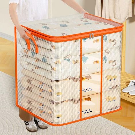 Sacs de rangement extra larges de 200 L, bacs de rangement pliables avec poignée renforcée pour couettes, vêtements, armoire, chambre à coucher et buanderie, orange (1/5)