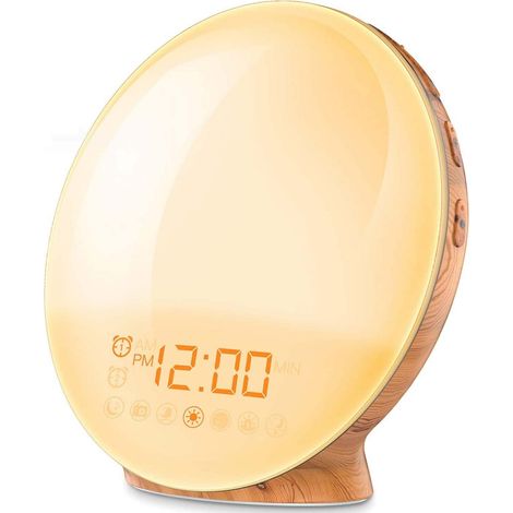 Luz de despertador con simulación de amanecer y atardecer, luz LED, 2 alarmas, 20 niveles de brillo, 7 luces de colores, 7 sonidos naturales, función de repetición, radio FM (color: B)
